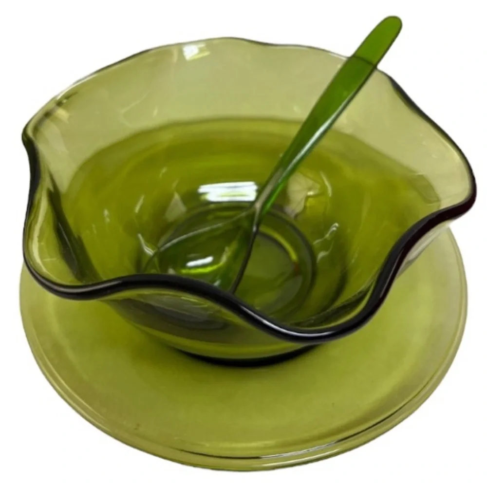 Vintage 70s Green Glass Bowl Plate Serving Spoon Set 1970s Fluted Ribbon Rim MCM